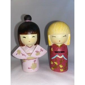 Vintage Wood Japanese Hand Painted Sister Kokeshi Dolls